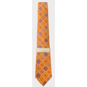 NWT Michael Kors Men's Silk Tie Coral Orange Blue Geometric Grid Plaid Luxury